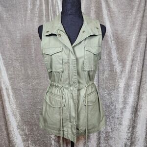 Old‎ Navy Olive Green Utility Vest Collar Sleeveless Drawstring Waist Pocket